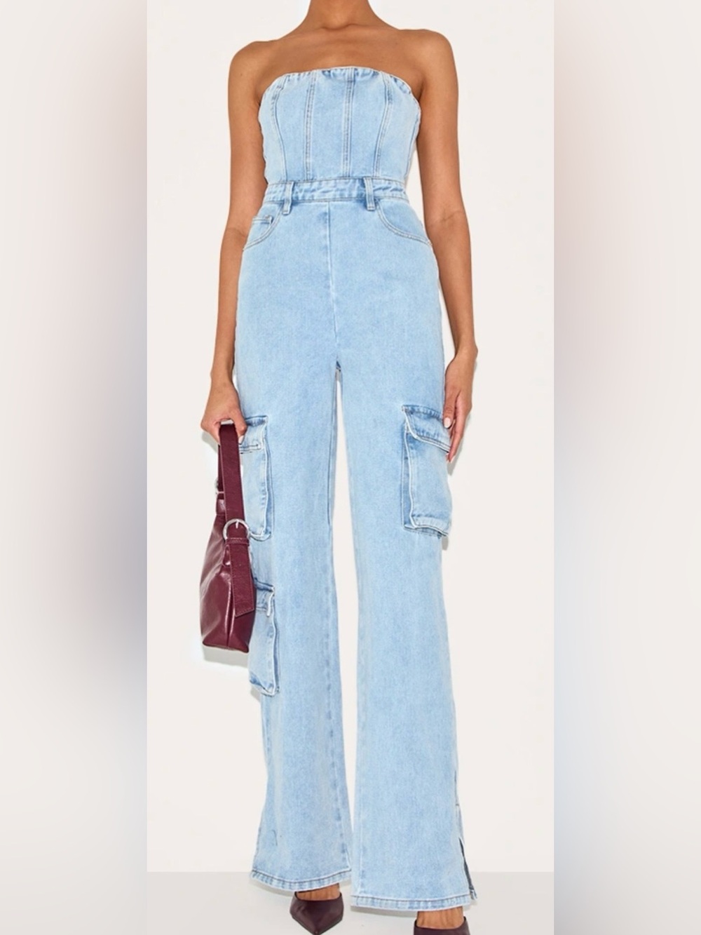 Pretty Little Thing LIGHT BLUE WASH CARGO POCKET DENIM JUMPSUIT Women’s Sz 2